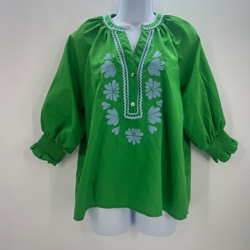 Entro Green Embroidered Tunic Top Womens Medium 3/4 Puff Sleeve Ric-Rac - Picture 10 of 11